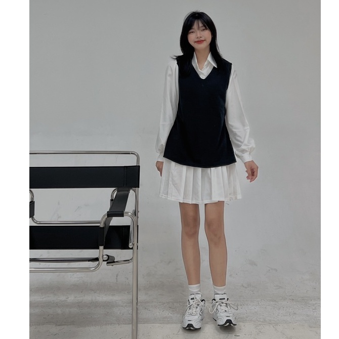 Set váy đầm nữ trắng dài tay phối gile đen cổ sơ mi đuôi xếp ly kèm đai freesize phom rộng học sinh diện tết hàn quốc | BigBuy360 - bigbuy360.vn