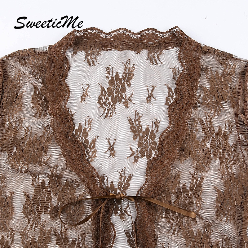 Áo Thun Cardigan Phối Ren Lưới Tay Ngắn Dành Cho Nữ