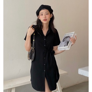 Đầm sơ mi cổ vest màu đen có dây thắt eo chất lụa mềm mát freesize