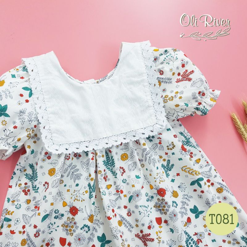 Đầm tiểu thư vải hoa nhí phối cổ ren trắng bé 8-26kg