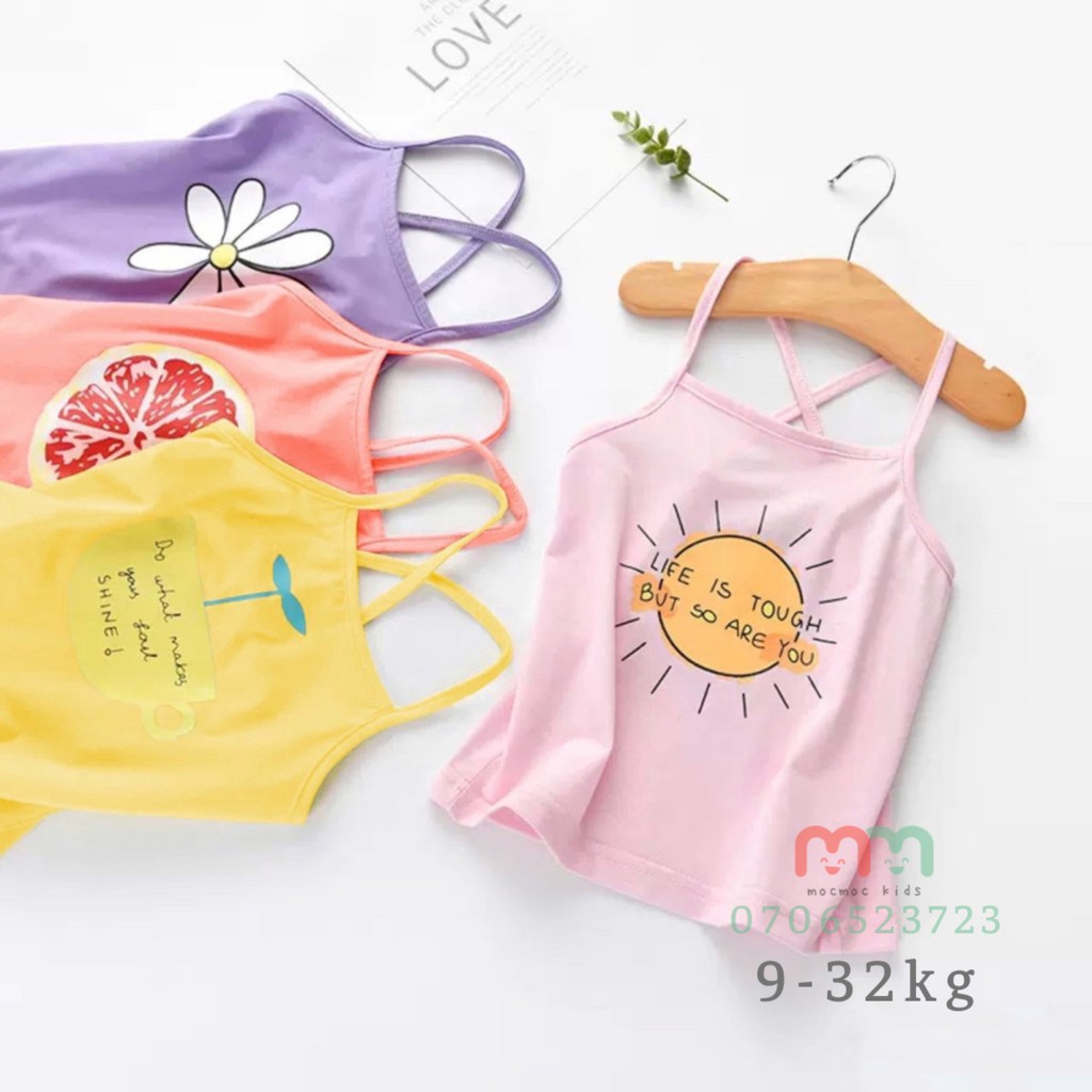 Áo 2 dây bé gái chéo lưng, áo thun bé gái dễ thương, thun cotton chính phẩm loại 1 mềm mịn mát cho bé 8kg đến 26kg