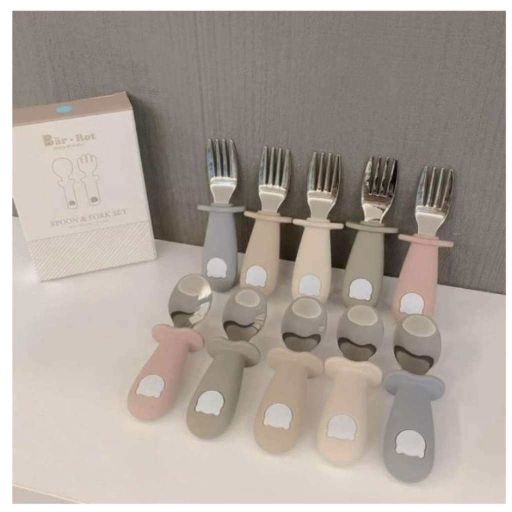 Set thìa - nĩa Silicon hình gấu Bar rot cho bé tập ăn dặm - Barrot