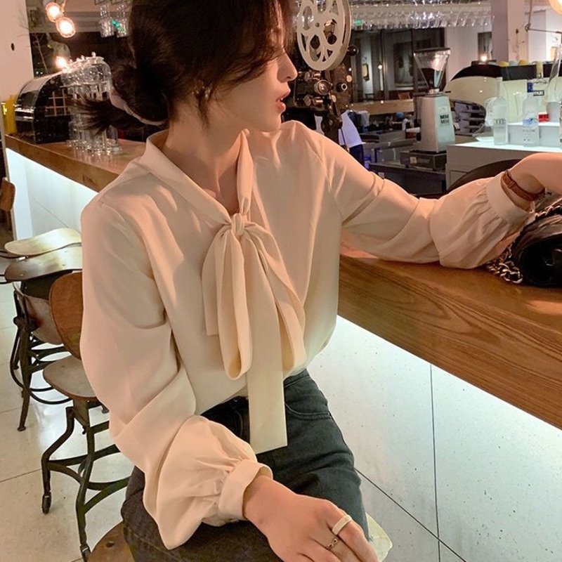 Áo Sơ Mi Tay Dài Thắt Nơ Màu Sắc Thanh Lịch Dành Cho Nữ