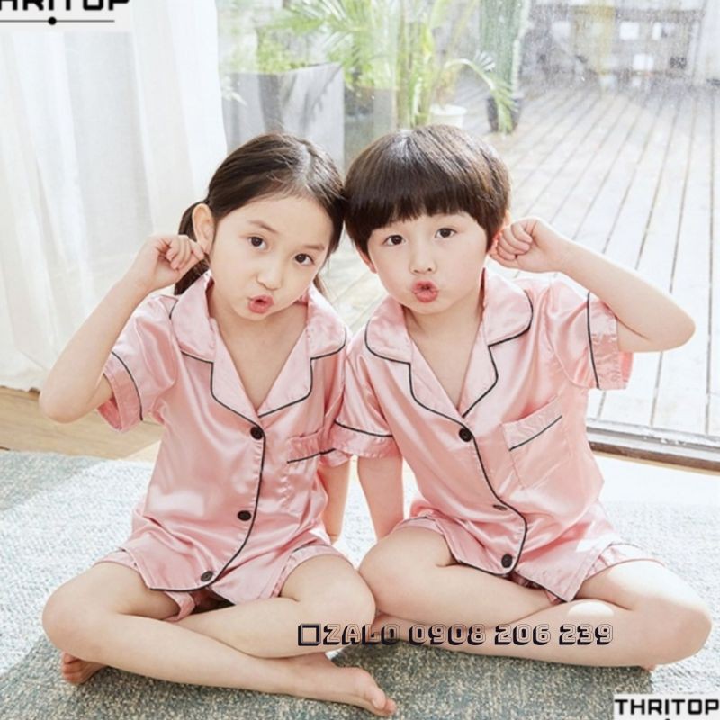 Bộ pijama cộc tay quần đùi bé trai bé gái chất phi lụa cao cấp 11 đến 45kg 083