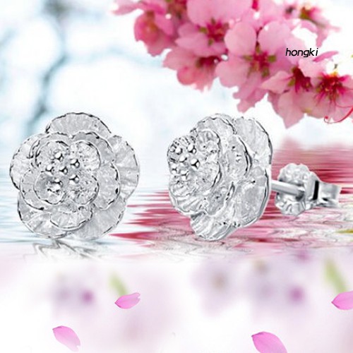 Khuyên tai mạ bạc phối hình hoa hồng lãng mạn thời trang