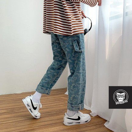 Quần jean nam nữ ống rộng xanh hoa văn - quần jean ống suông baggy nam đẹp 2021 | BigBuy360 - bigbuy360.vn