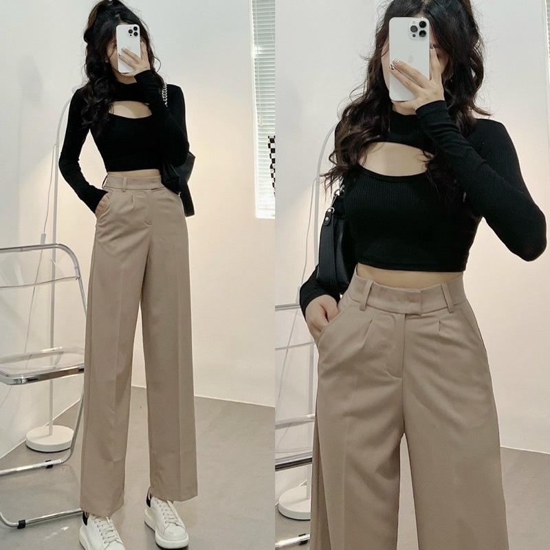 Quần Tây Kaki Culottes Dáng Suông - Quần Ống Suông Lưng Cao Xịn Xò