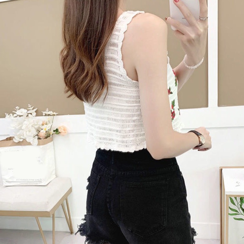 Áo croptop dệt kim không tay thêu họa tiết hoa lá phong cách Bohemian thời trang mùa hè cho nữ