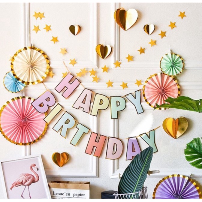 Set quạt giấy ép kim trang trí sinh nhật happy birthday Trang trí tiệc siêu hot 2022