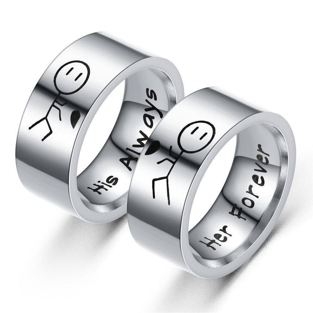 Nhẫn Thép Titan Màu Đen/Bạc Khắc Chữ Her Forever His Always I Love You Thời Trang Cho Cặp Đôi