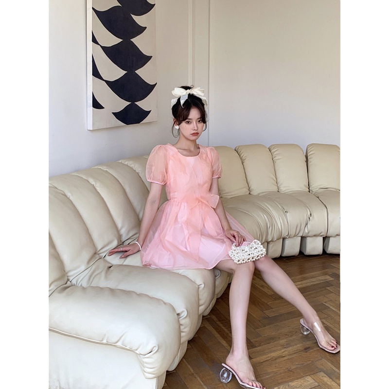 Đầm dáng xòe phối nơ tay ngắn mini Emilyshop