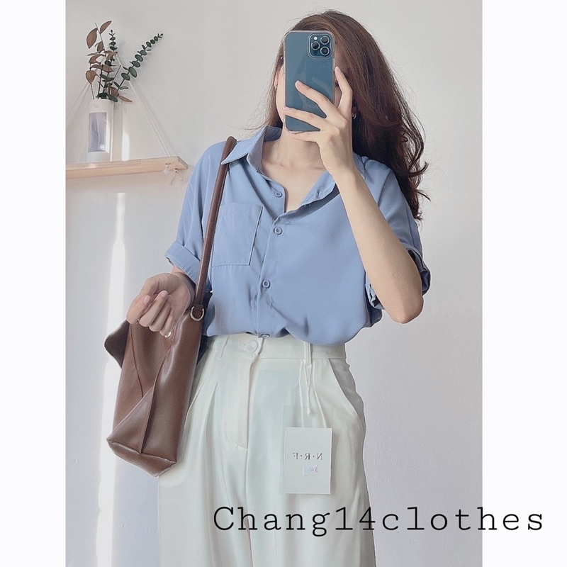 Áo sơ mi lụa nư ngắn tay có túi phong cách đơn giản công sở