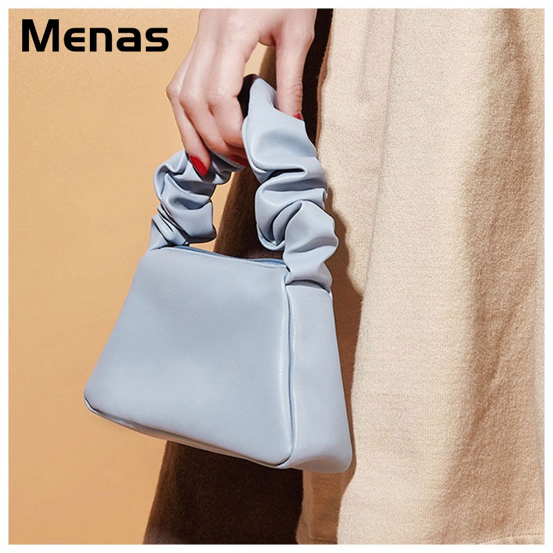 Menas Túi Xách Tay Đựng Son Môi Bằng PVC Màu Trơn Xếp Ly Đeo Vai Có Khóa Kéo Đơn Giản Thời Trang