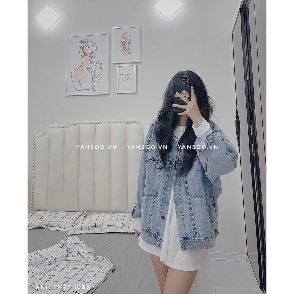 Áo khoác jean nữ from rộng túi trước , áo khoác bò denim xanh nhạt tay dài Quảng Châu chất dày dặn đẹp YANSOO