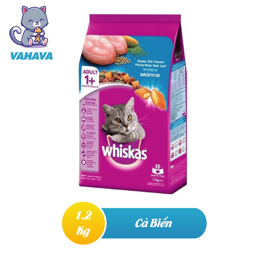 Thức Ăn Hạt Cho Mèo Trưởng Thành Whiskas 1,2Kg Dạng Túi Vị Cá Thu Cá Ngừ Cá Biển - VAHAVA