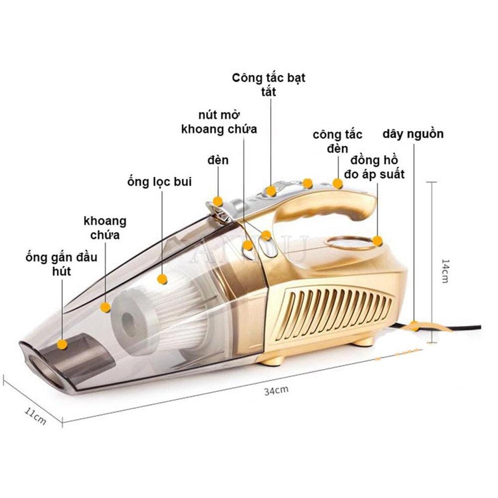 Máy Bơm Lốp Ô Tô Cầm Tay, Máy Hút Bụi Kết Hợp Bơm Lốp Ô Tô 4 In 1 Cao Cấp
