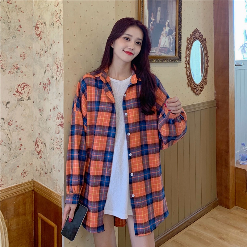 Áo sơ mi IELGY họa tiết kẻ ca rô tay dài dễ phối phong cách retro cho nữ