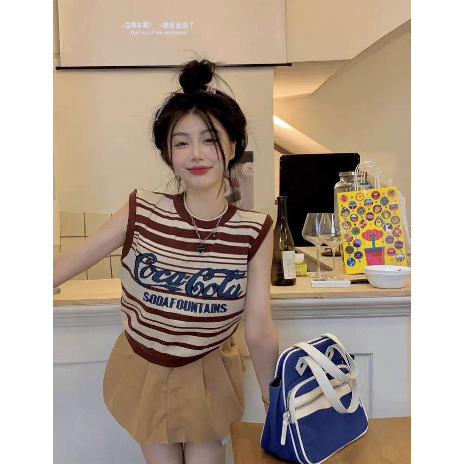 Áo Croptop Dệt Kim Sát Nách Kẻ Sọc In Chữ Kiểu Retro Thời Trang Mùa Hè Cho Nữ