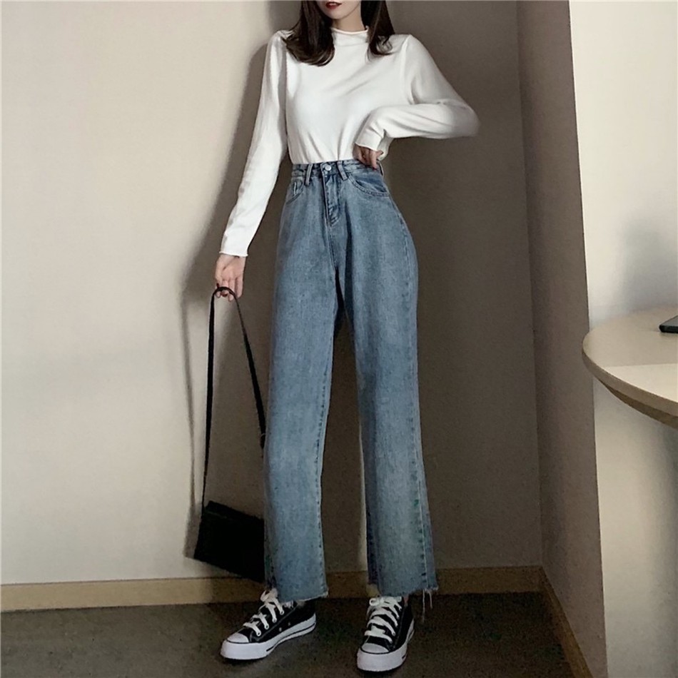 Quần jean nữ ống rộng lưng cao, bò suông phong cách thời trang Hàn Quốc dài quần 90cm
