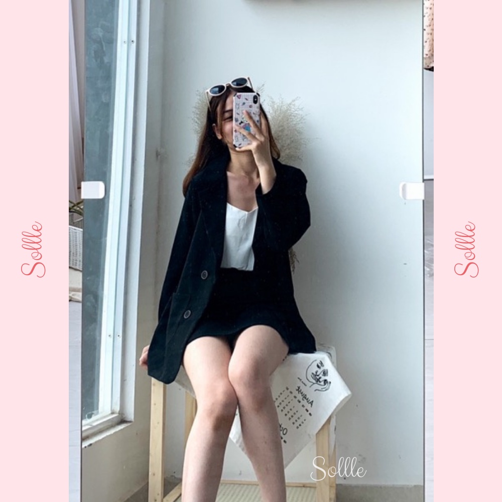 Set áo vest trơn blazer dài tay kèm chân váy ngắn A chun lưng free size Hàn Quốc nhiều màu lịch sự Sollle