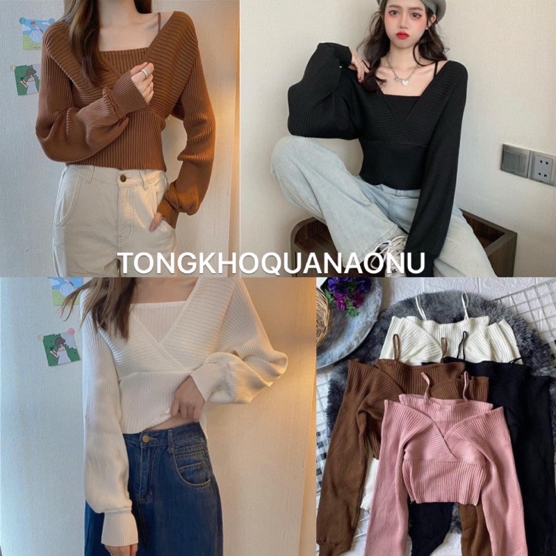 Áo len nữ,áo len trễ vai 2 dây❤️ áo croptop tay bồng, áo nữ dài tay ÔM BODY siêu co giãn. METSHOP