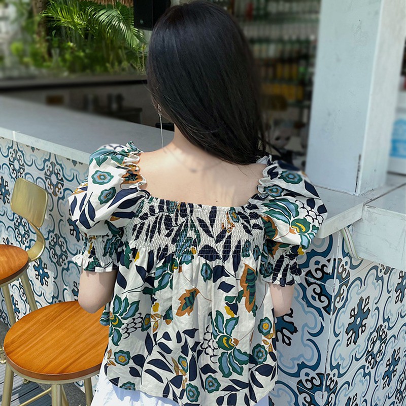 Áo Kiểu Ngắn Tay Cổ Vuông Phối Họa Tiết Hoa Xinh Xắn Thời Trang Dành Cho Nữ