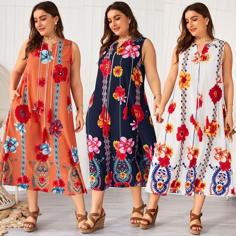 Xiangbao Đầm Midi Không Tay Cổ Chữ V In Hoa Cỡ Lớn Phối Túi Thời Trang Cho Nữ