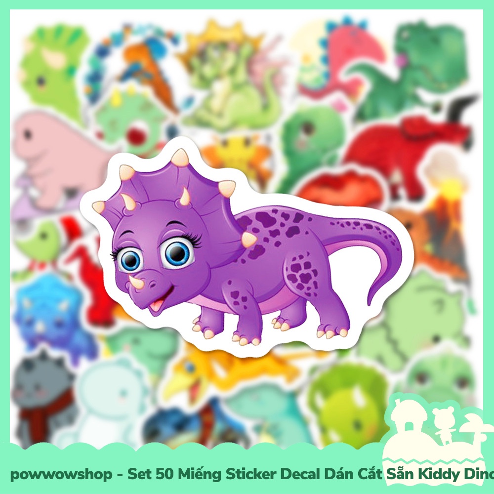 [Sẵn VN - Hỏa Tốc] Set 50 Miếng Sticker Decal Cắt Sẵn DIY Dán Trang Trí Vật Dụng Mẫu Kiddy Dinosaur Thế Giới Khủng Long