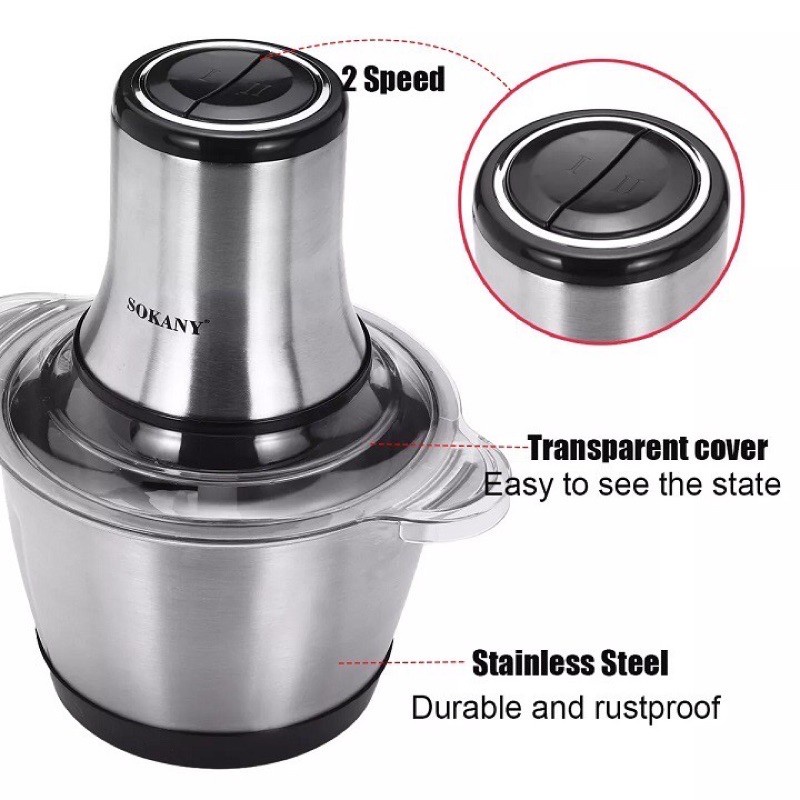 Máy Xay Thịt  Sokany 7005A Cối Inox- 4 Lưỡi Đa Năng, Công suất 800W,3L  Xay thịt, xay tỏi ớt, BẢO HÀNH 6 THÁNG