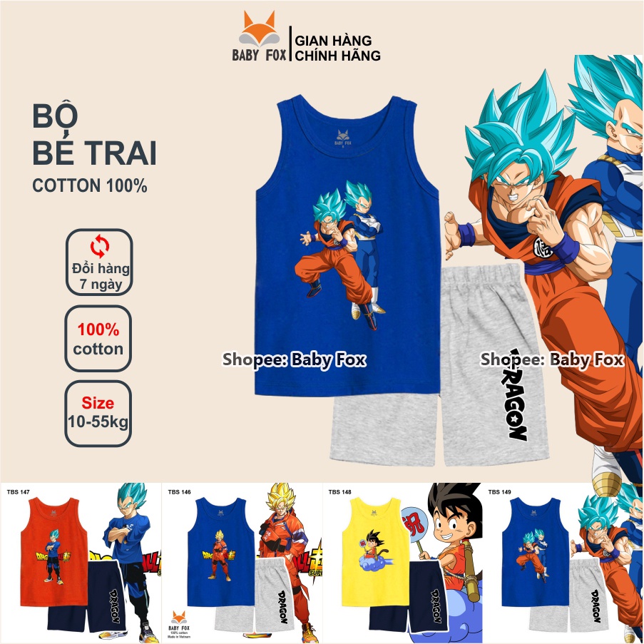 Bộ thun sát nách bé trai 100% cotton loại tốt, BABY FOX, hình Dragon Ball, Songoku j (Bộ ba lỗ)