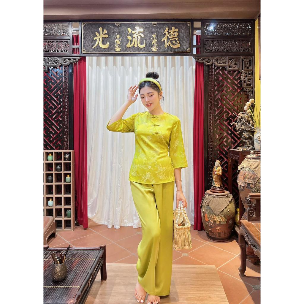 Bộ lam đi chùa nữ cổ tròn khuy chéo thắt nơ Pháp phục đi chùa cao cấp Bộ lễ phục lễ chùa lụa vân hoa, thanh lịch