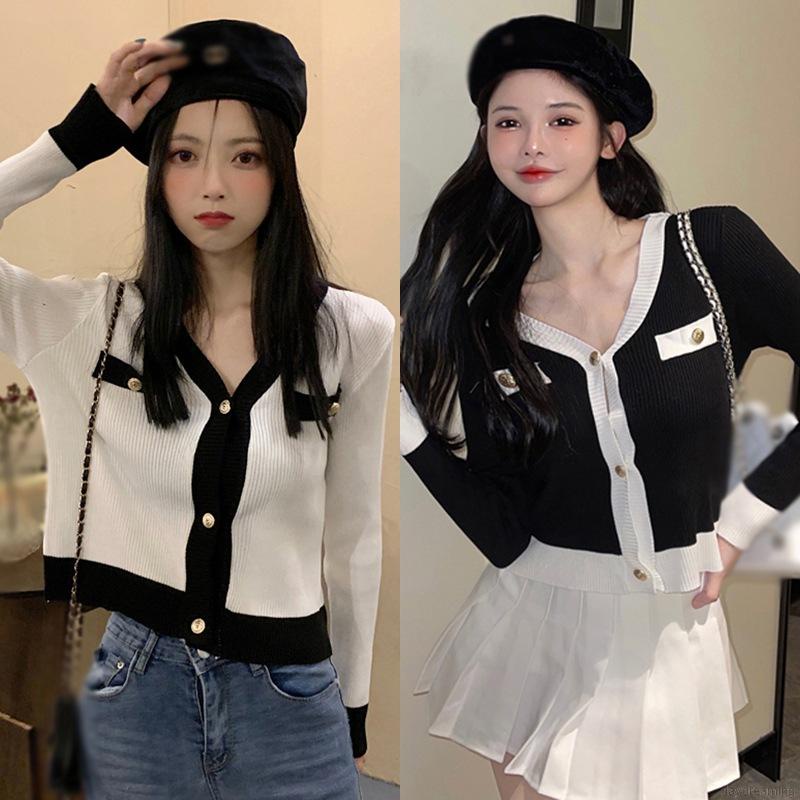 Áo croptop dệt kim tay dài cổ chữ V phối màu