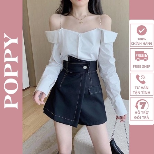 [Qùa tặng dây cột tóc] Quần giả váy cạp chéo viền chỉ nổi, Chân váy đen kèm lót trong váy POPPY QGV-V01