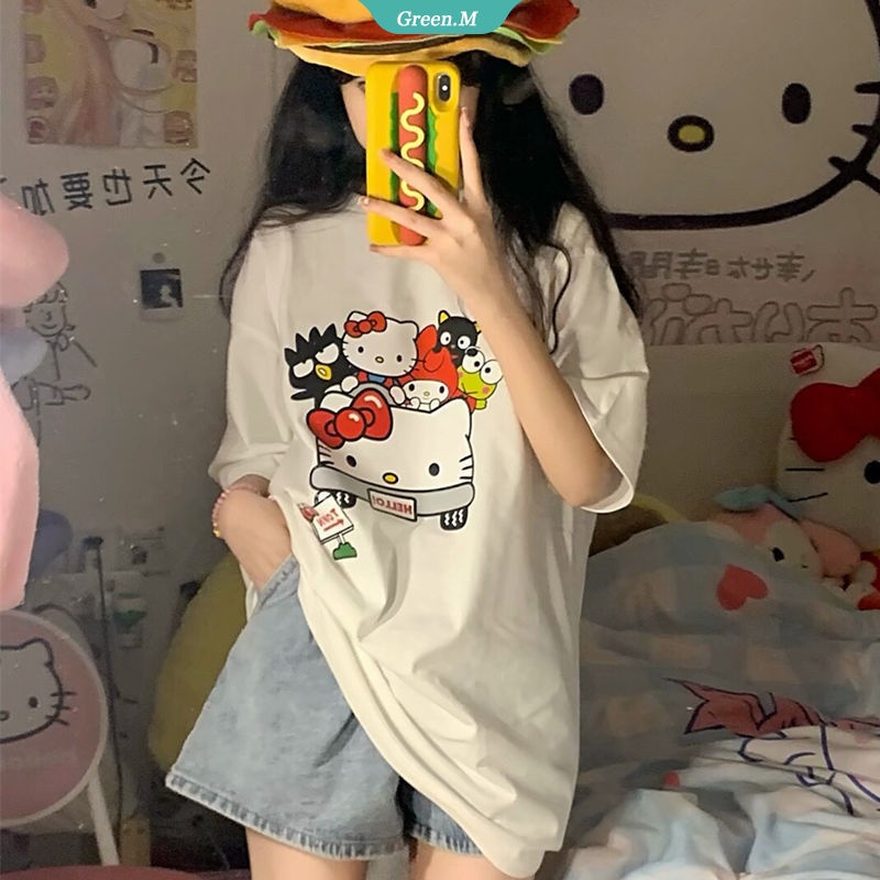 SANRIO Áo Thun Cotton Tay Ngắn Dáng Rộng In Hình Hello Kitty Phong Cách Cổ Điển Thời Trang Mùa Hè Cho Nữ