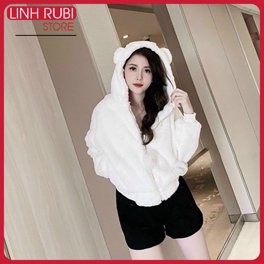 A159 - Áo khoác nữ LINH RUBI STORE áo lông gấu có mũ hàng 2 lớp dày dặn kèm quả bông móc khóa