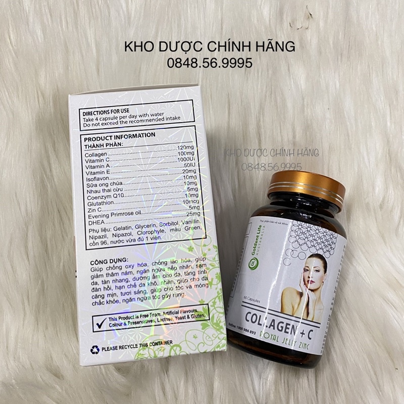 Viên Uống Đẹp Da Sáng Da Collagen + C Royal Jelly Zinc Lọ 60 viên - Chống lão hoá, giảm thâm nám, rụng tóc ngừa nếp nhăn