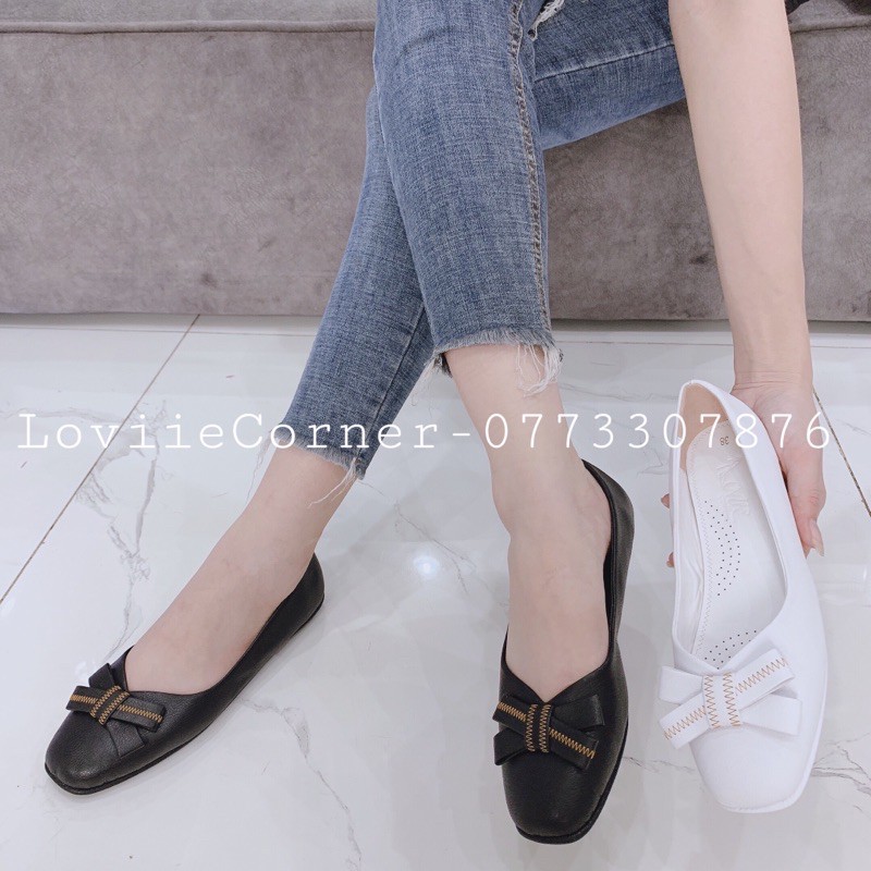 LOVIIECORNER - GIÀY BÚP BÊ NỮ  ĐẾ BỆT NƠ XINH MŨI TRÒN - GIÀY BÚP BÊ NỮ DA MỀM NƠ XINH - TRẮNG KEM ĐEN - B210307 | BigBuy360 - bigbuy360.vn