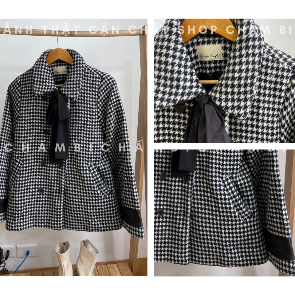 Áo khoác mùa đông A.110, Áo dạ kẻ caro đen trắng cổ đức thắt nơ đen tay rộng tiểu thư | BigBuy360 - bigbuy360.vn
