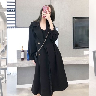 Áo khoác đen mỏng mùa thu cổ vest dáng dài [Ảnh thật 4,5,6]