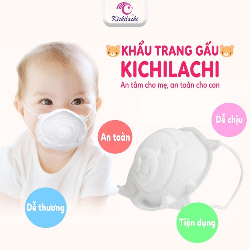 Set 3 Khẩu Trang kichi Hình Gấu Cho Bé Hàng Chính Hãng