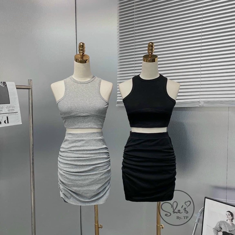 [HÀNG CHUẨN] Set bộ áo ba lỗ chân váy nhún hông sẵn mút ngực siêu xinh