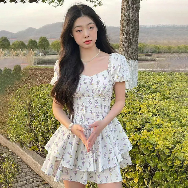 Đầm Tay Phồng Ngắn Cổ Vuông Ôm Eo In Họa Tiết Kiểu Retro Hàn Quốc Xinh Xắn Cho Nữ