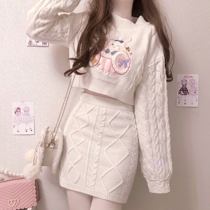 Bộ Áo sweater Ngắn + Chân Váy Lưng Cao Thời Trang Cho Nữ Bộ Đồ Dệt Kim Thời Trang Trắng. Bộ Học Sinh Hoạt Hình. Sexy. Áo sweater Dệt Kim Hai Mảnh
