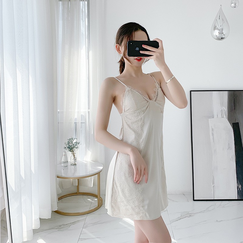 Đầm ngủ hai dây cổ chữ V phối ren mẫu 2020 thời trang mùa hè quyến rũ dành cho nữ