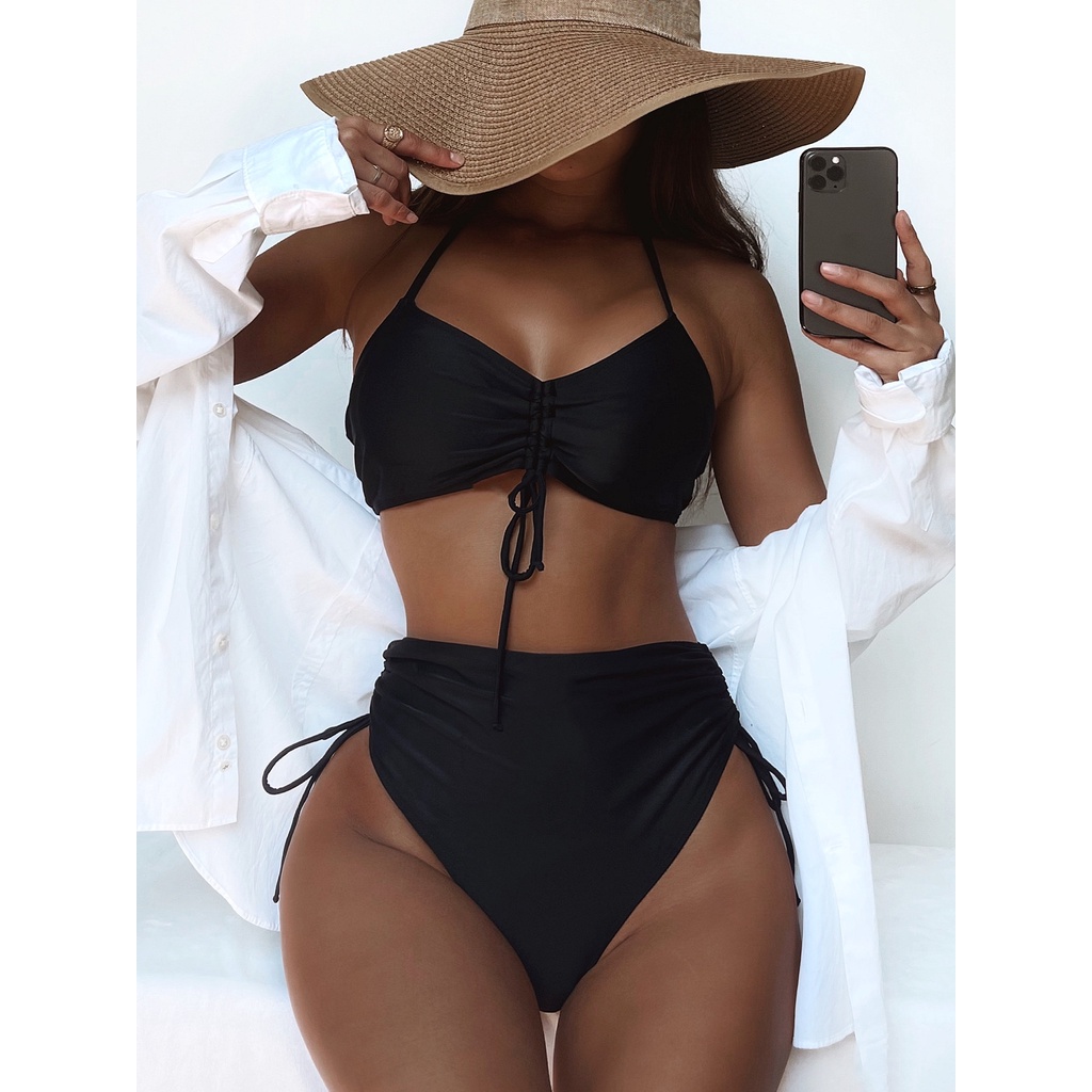 Bộ bikini lưng cao màu đen phối dây buộc CS117