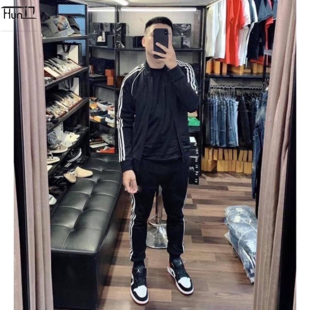 Bộ quần áo thể thao nam Bộ khoác nỉ nam kẻ sọc có khóa kéo 3 màu