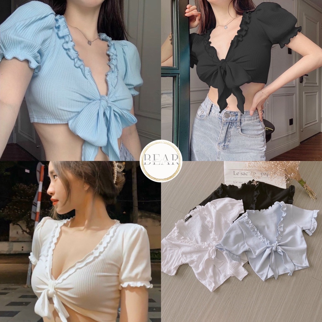Áo croptop cuốn biên cột nơ trước ngực style sexy - AK0017 | bear.story