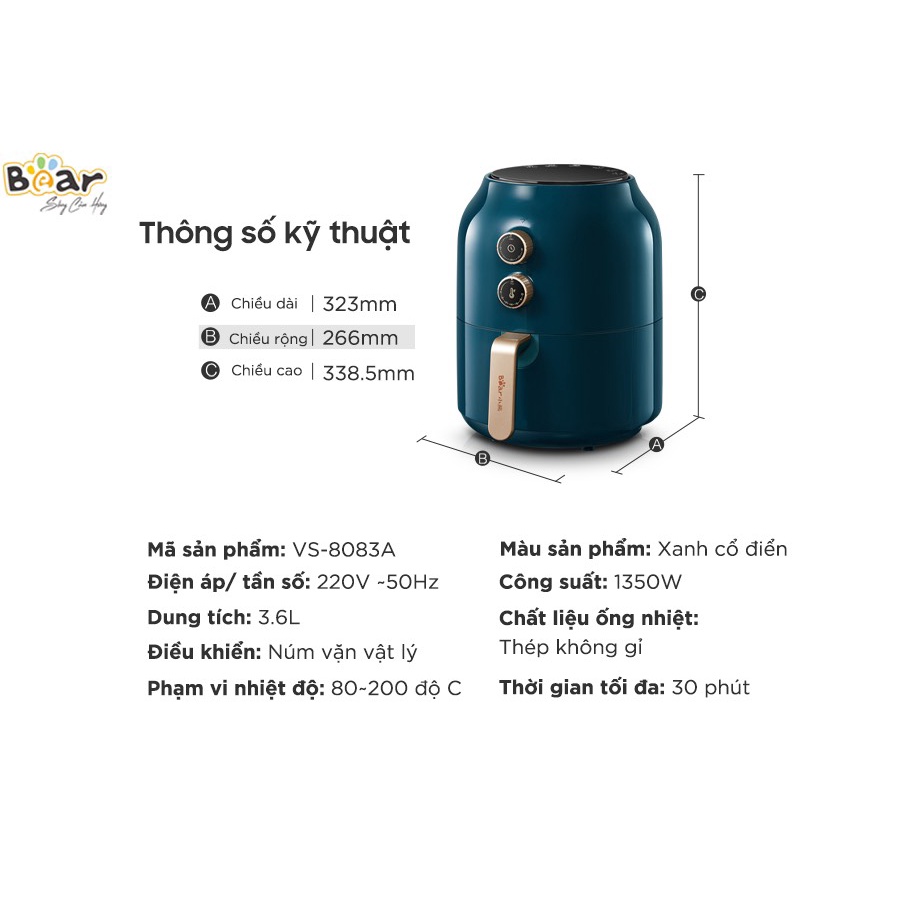 HÀNG CHÍNH HÃNG Nồi chiên không dầu Bear VS-8083A_Đa năng, bảo vệ sức khỏe_dung tích 3.5L_BẢO HÀNH 12 THÁNG