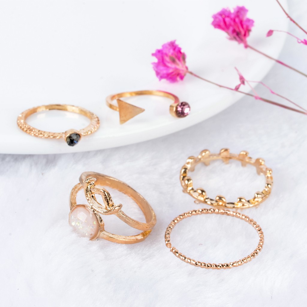 Bộ 5 Nhẫn Midi Hình Chiếc Lá Đính Đá Opal Cho Phái Nữ