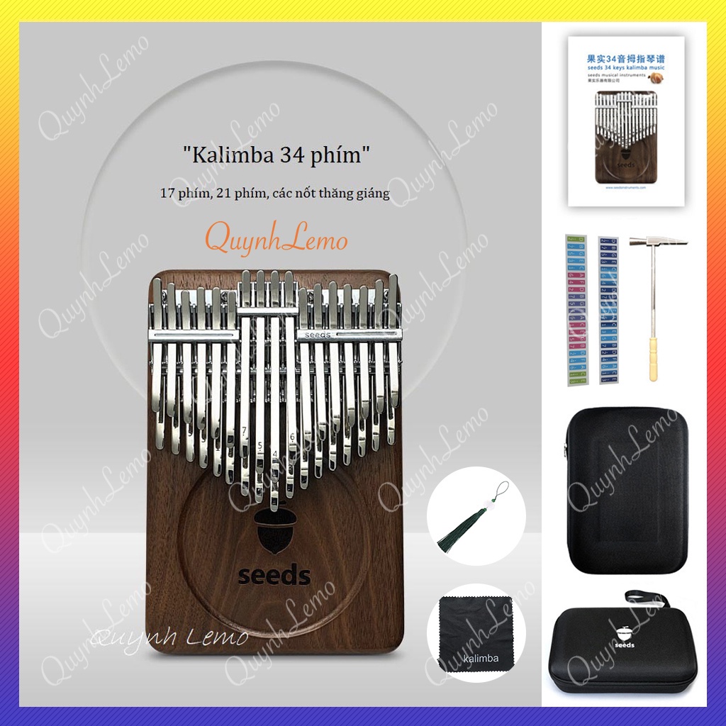 ▬Đàn Kalimba 34 Phím - SEEDS gỗ Óc Chó Đen Bắc Mỹ Ngón tay cái Nguyên Khối  Tặng Full Phụ Kiện